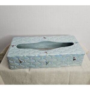 Vintage Ceramic Tissue Box Cover LightBlue Quilted Diamond Tufted Pattern Floral